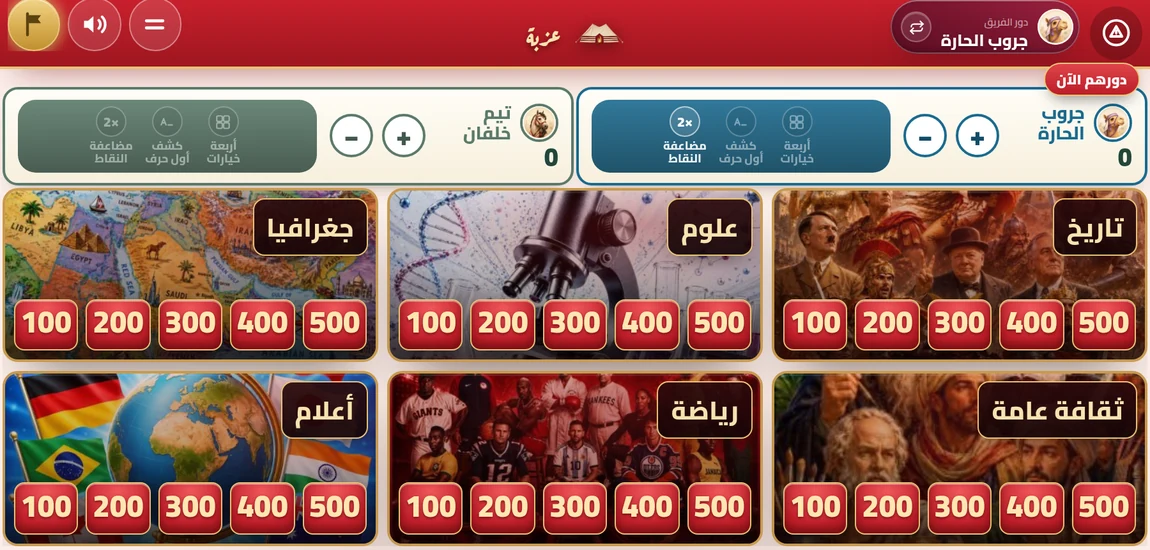 لوحة اللعب — ست فئات وخمس مستويات نقاط
