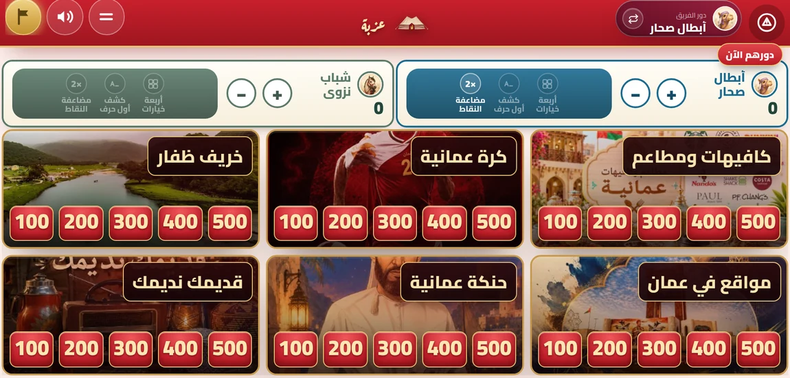لوحة اللعب — أربع فئات وخمس مستويات نقاط